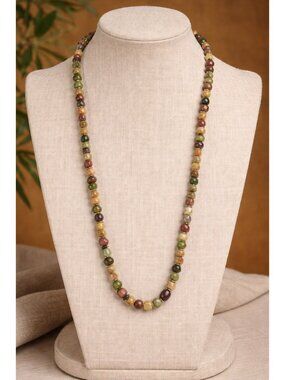Vintage 34” Multi Stone Chip Necklace Earth Tone Agate Jasper Long Strand
